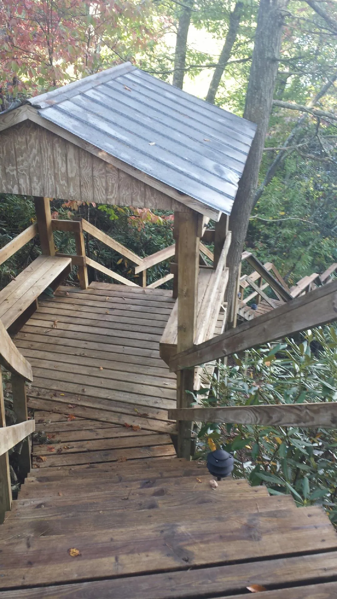 Metal roofed shelter over wooden steps on a wooded walkway — Skylight Repair & Installation work by our crew in Pendleton